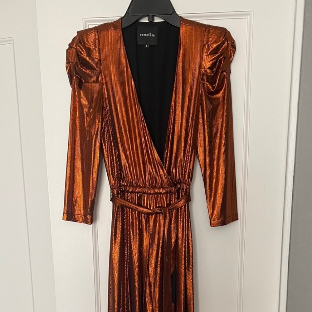 Retrofete Long Maxi Wrap Dress, Deep Brown/Gold/Bronze - Size S (4)